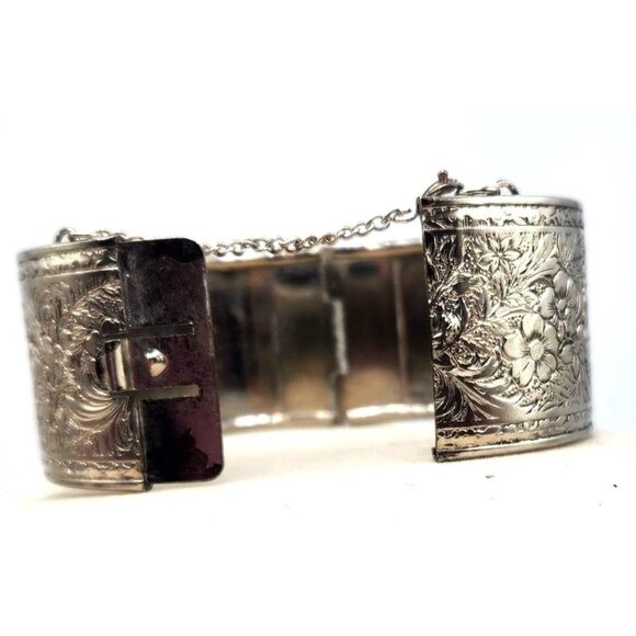 Silver Tone Cuff Bracelet With Safety Chain, Floral Etching - Picture 3 of 4